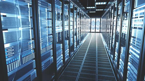 Servers Racks Walkthrough in Modern Data Center Cloud Computing Datacenter Room