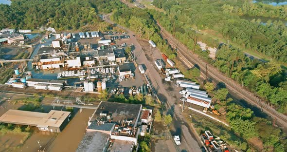 Aerial Panoramic View of Tanks for Chemical Mixing Industrial Plant with Chemical Industry System