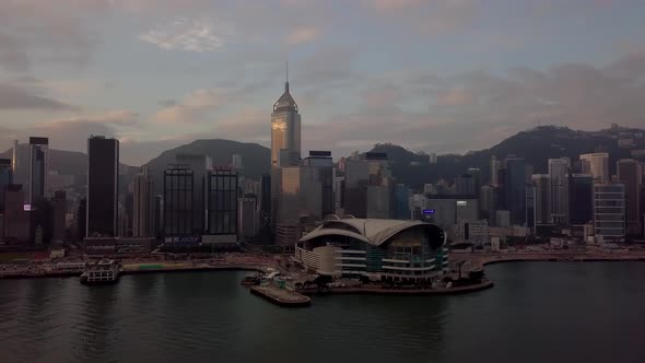 Aerial View drone 4k footage Of Modern Skyscrapers In Hong Kong.