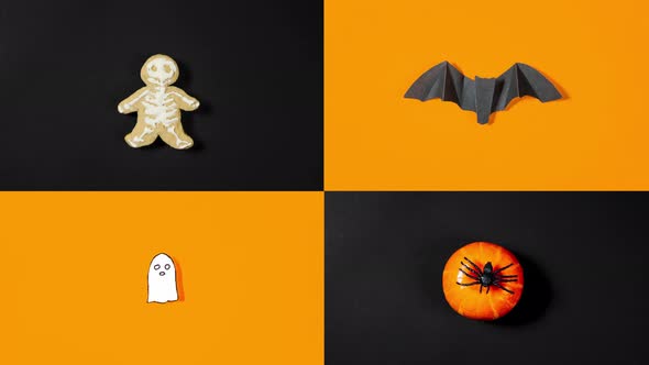 Skeleton-shaped change their shape, black bat flies, spider runs over pumpkin and ghost moves.