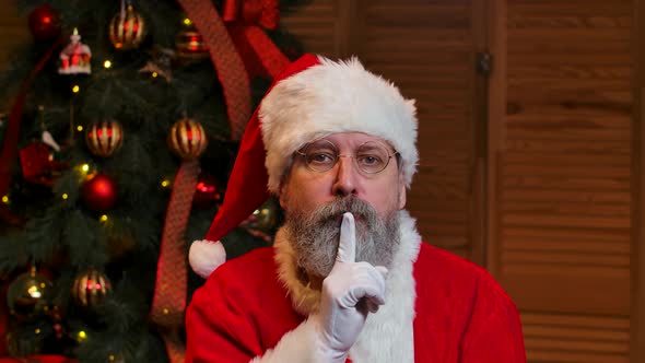 Portrait of Santa Claus Looking Pensively Around Makes Secret Gesture and Winks