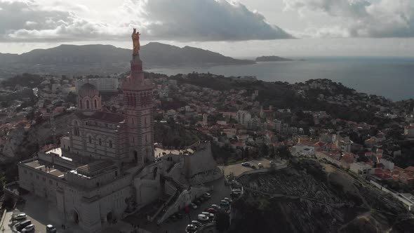 Aerial view of the basilica Notre Dame de la Garde in Marseille. France 2020