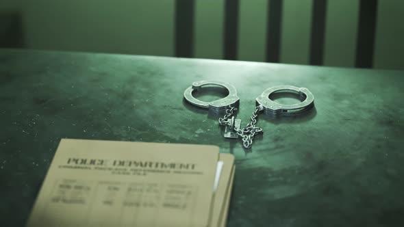 Animation of the empty dark interrogation room with handcuffs and case files.