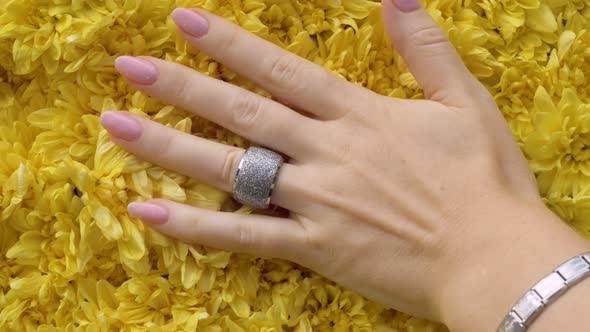 A Beautiful Female Hand with a Good Manicure and Expensive Rings Runs Her Fingers Over the Petals of