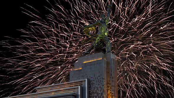 fireworks and soviet monument Rabochiy i Kolkhoznitsa, Moscow, Russia.Made of in 1937