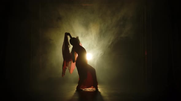 Silhouette a Young Girl Dancer in a Red Sari. Indian Folk Dance. Shot in a Dark Studio with Smoke