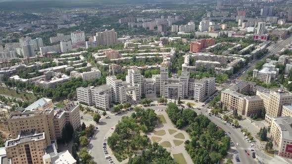 Panoramic Aerial Circular Shot of the Derzhprom Building and the Buildings of Karazin University