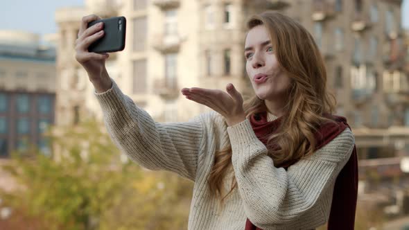 Pretty Woman Making Selfie Photo By Phone, Cute Girl Doing Pics By Camera