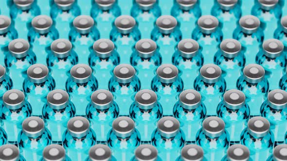 Blue vaccine bottles on the conveyor belt. Concept of COVID-19 vaccination.