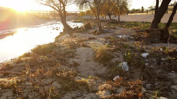 Aerial shot of trash In Los Angeles River