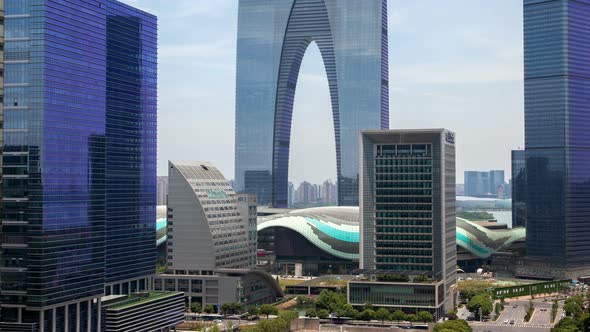 Suzhou Business City Cityscape Aerial China Timelapse Pan Up