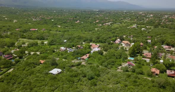 Aerial view of the tourist town Merlo with the mountains of Córdoba behind, Argentina.