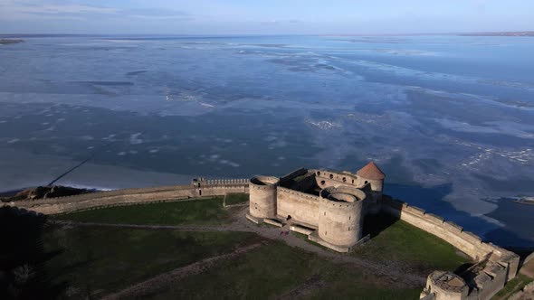 Aerial view of the Akkerman fortress in Belgorod-Dniester, Ukraine in winter