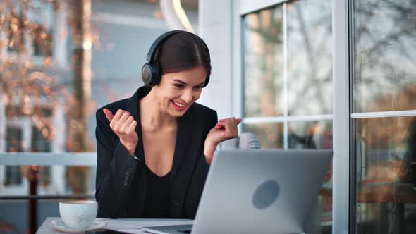 Businesswoman in Headphones Consulting Talking Online Webcam Video Call