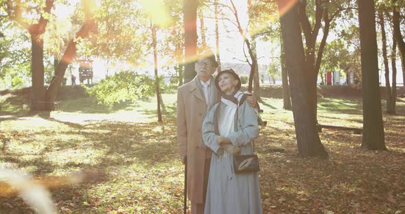 Elegant Married Couple Stands in Embraces Admires Autumn Beauty and Talks