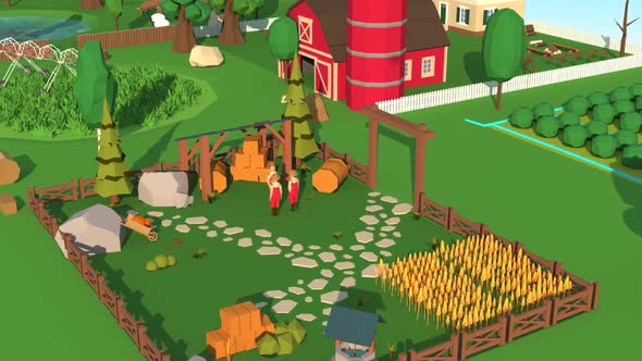 Farmers Talking In Farm With Barley Branch 3D Low Poly Animation