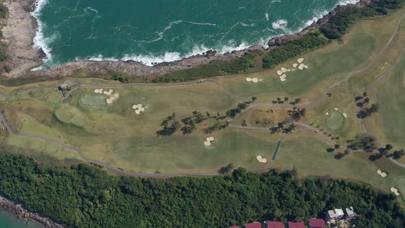 Top view of seaside golf court 