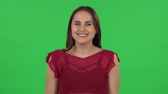 Portrait of Tender Girl in Red Dress Is Smiling Broadly and Winking. Green Screen