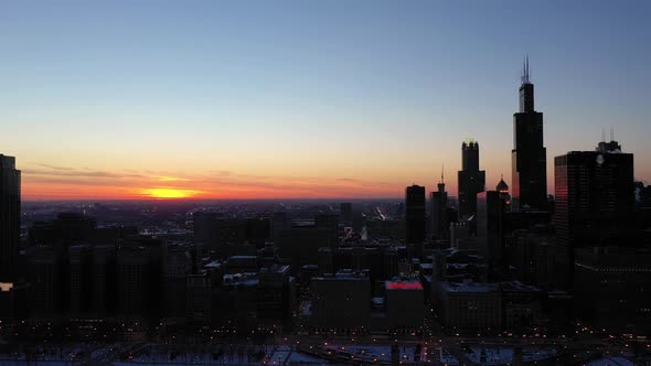 Urban Skyline of Chicago at Winter Sunset