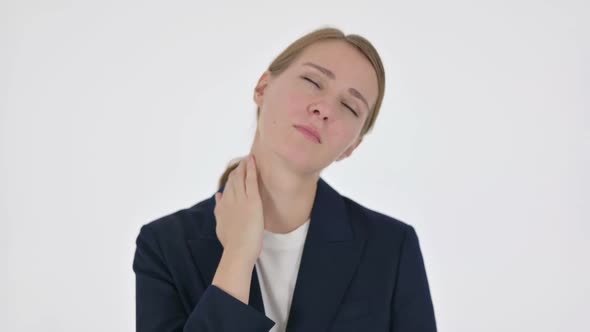 Young Businesswoman Having Neck Pain on White Background