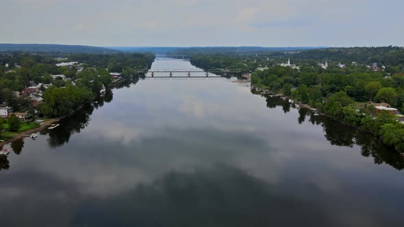 Aerial Overhead of Delaware River Landscape American Town of Lambertville New Jersey View Near Small