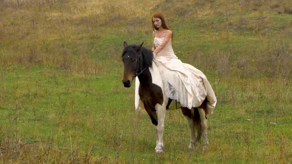 Ginger Woman in Poofy Dress Is Riding Horse on Meadow