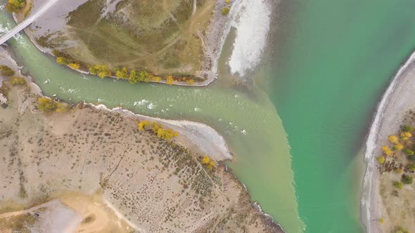 The Confluence of Chuya and Katun Rivers in Autumn. Aerial View. Altai Mountains