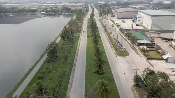 Drone Shot Amata City Rayong Industrial Estate During a cloudy hazy day