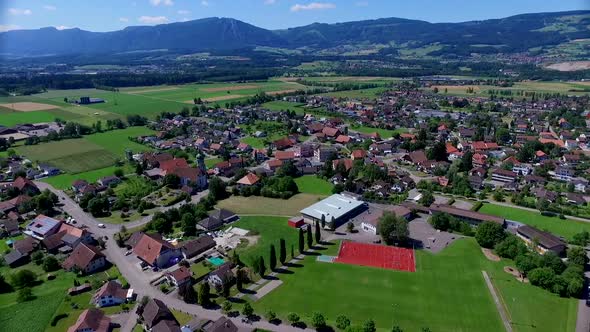 Swiss village (Deitingen Canton Solothurn) filmed with a drone from the air