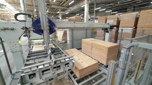 Manufacture of flooring, parquet processing. Modern factory equipment.