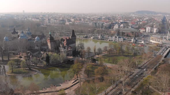 Morning view from above on the Vajdahunyad castle in Budapest. Hungary.