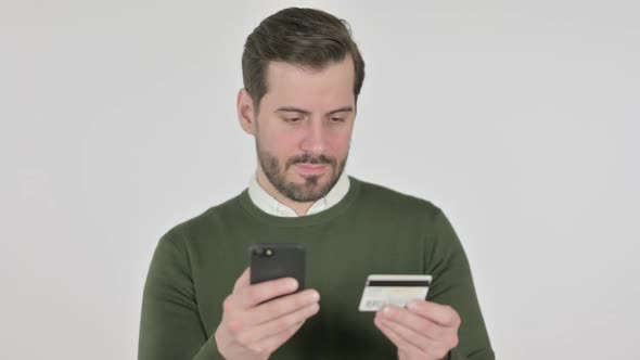 Portrait of Man Making Online Payment on Smartphone White Screen