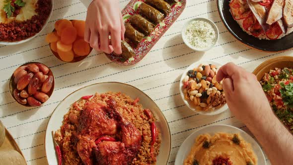 Kabsa Hummus Dolma Maqluba Tabbouleh Top View Middle Eastern National Traditional Food on Table