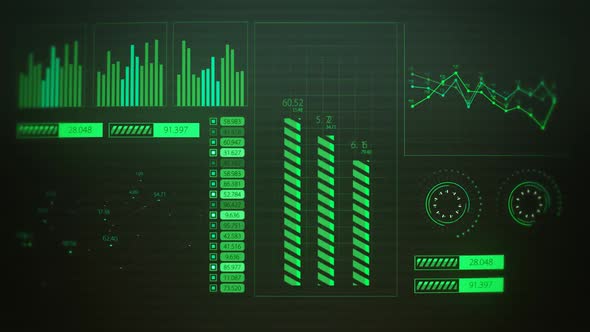 Advanced futuristic graphic interface. Displays abstract diagrams and charts.