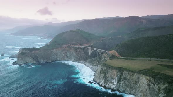 Pacific Ocean Rocky Coastline Scenic Area Touristic Big Sur Shore Bixby Bridge