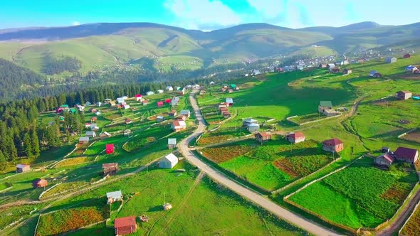 Mountain landscape in Georgia, the village of Beshumi. Shooting from a drone