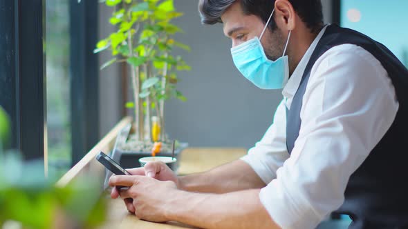 smart attractive caucasian male businessman wearing face mask virus protecting working