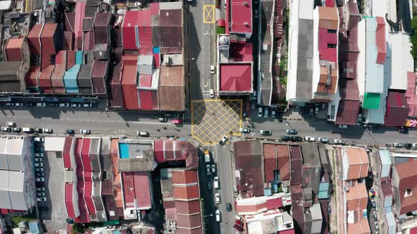 The intersection of Chulia and Beach streets in George Town, Penang Island Malaysia seen from above