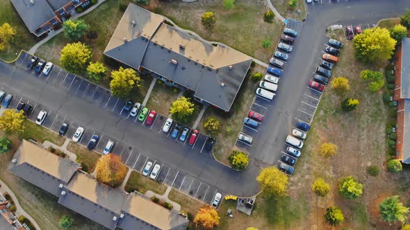 Aerial Drone View on Autumn Trees Time in Homes Small Town Rooftops Neighborhood