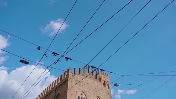 Trolleybus Electric Lines Passed Through City Under Blue Sky