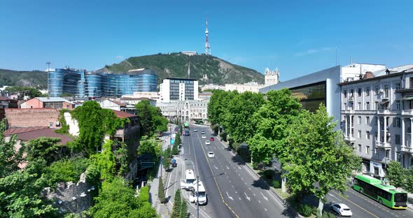 Aerial view of Baratashvili Street in the centre of Tbilisi. Beautiful cityscape of Tbilisi