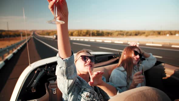 Two female friends with alcoholic drinks at hands, having fun in back seat of car driving