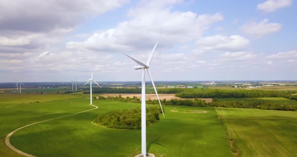 Aerial flying around wind turbines on a wind farm