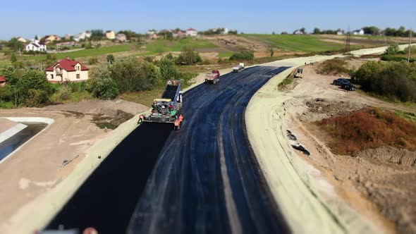 Aerial View Making New Asphalt at Road Construction