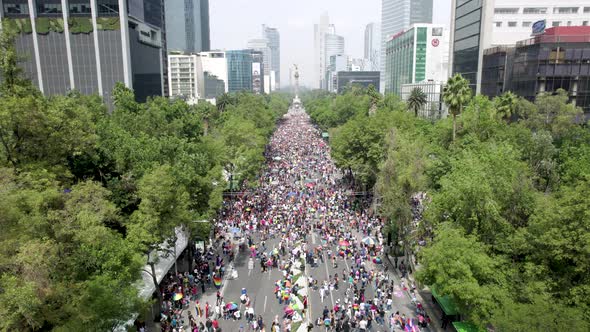 drone shot showing entire pride parade at paseo de la reforma in mexico city