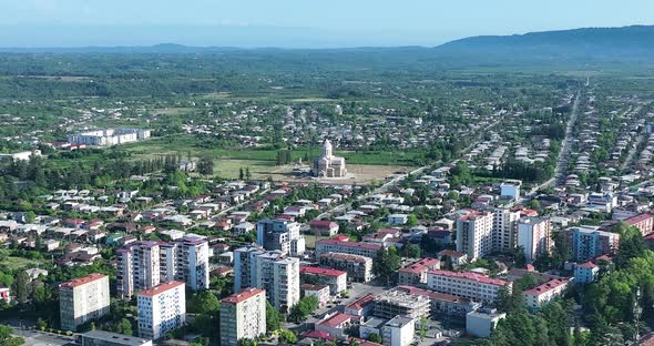 Zugdidi, Georgia - May 3 2022: Aerial view of Zugdidi Iveria Cathedral of the All-Holy Mother of God