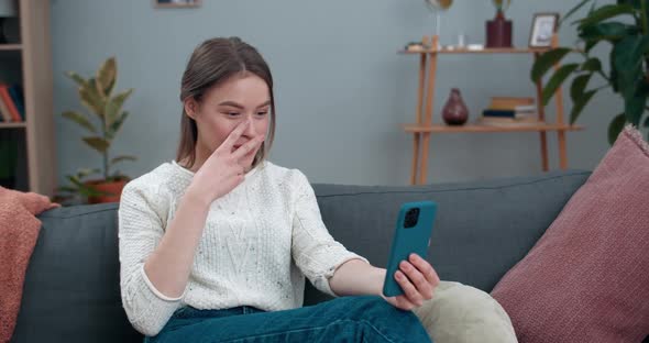 Attractive Deaf Woman Having Video Call and Showing with Sign Language Hello, Happy To See You