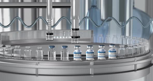 SARSCOV2 COVID19 Mass Production of Coronavirus Vaccine a Machine Pours the Vaccine Seals Bottle