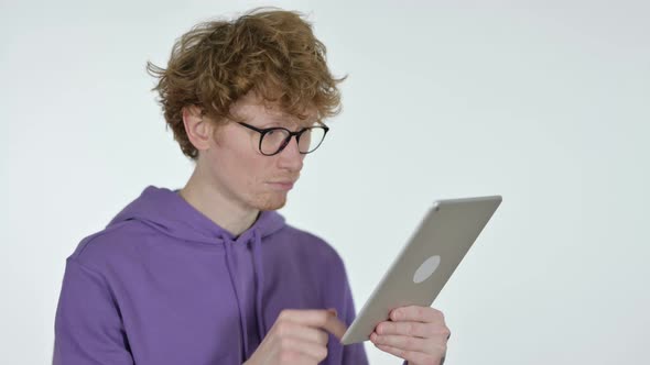 Redhead Young Man Using Tablet, White Background