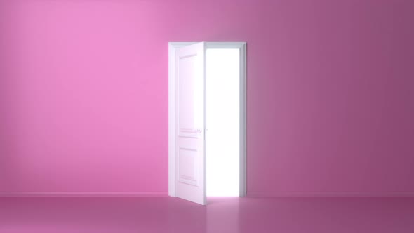 Open white door on pink background. Light shines from door opening